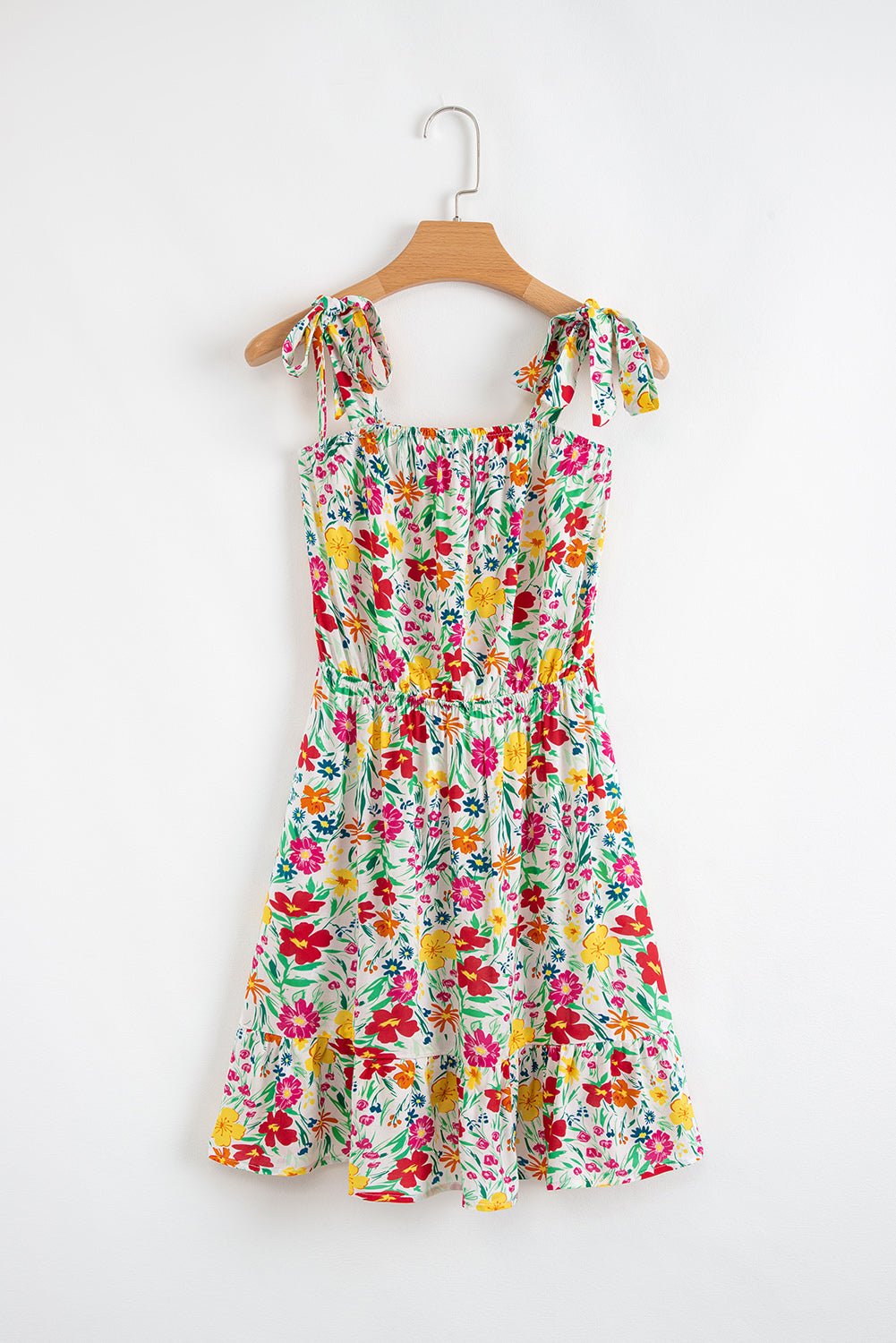Red Floral Print Knotted Strap Cinched Waist Ruffle Hem Mini Dress - MAD RUFFI