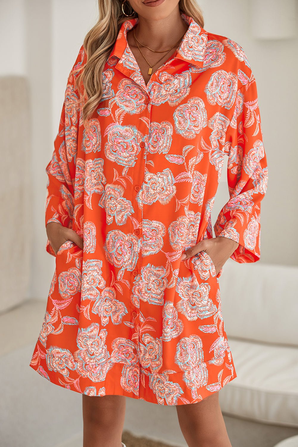 Red Floral Print Lapel Collar Loose Shirt Mini Dress - MAD RUFFI