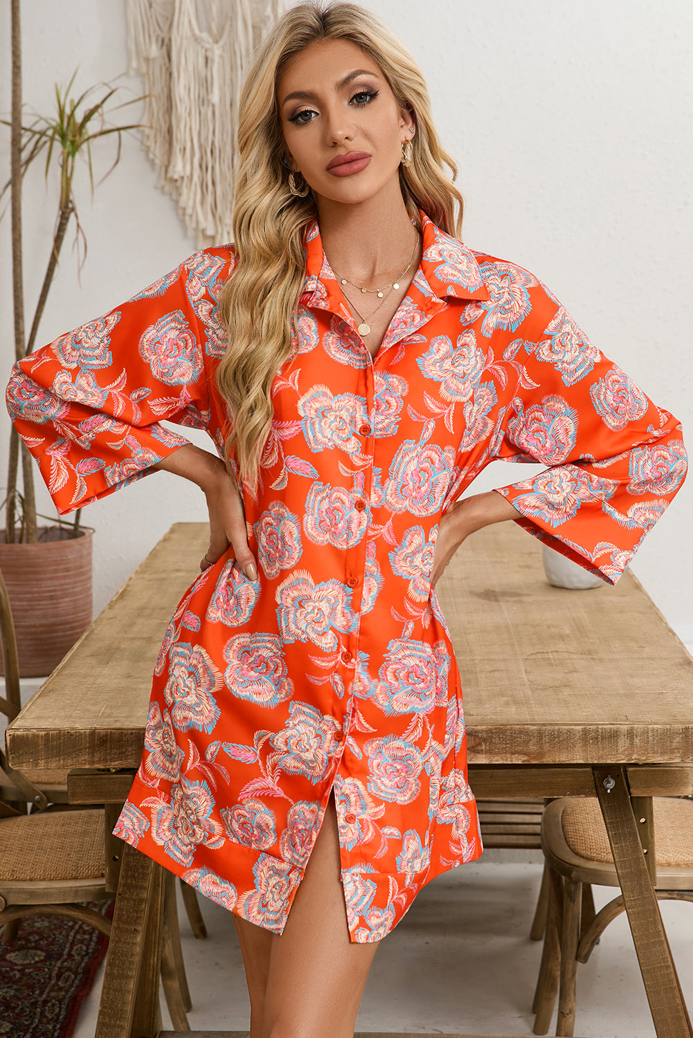 Red Floral Print Lapel Collar Loose Shirt Mini Dress - MAD RUFFI