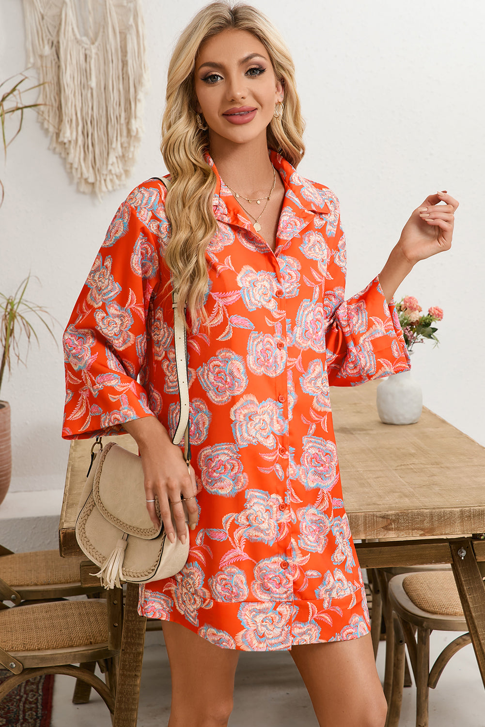 Red Floral Print Lapel Collar Loose Shirt Mini Dress - MAD RUFFI