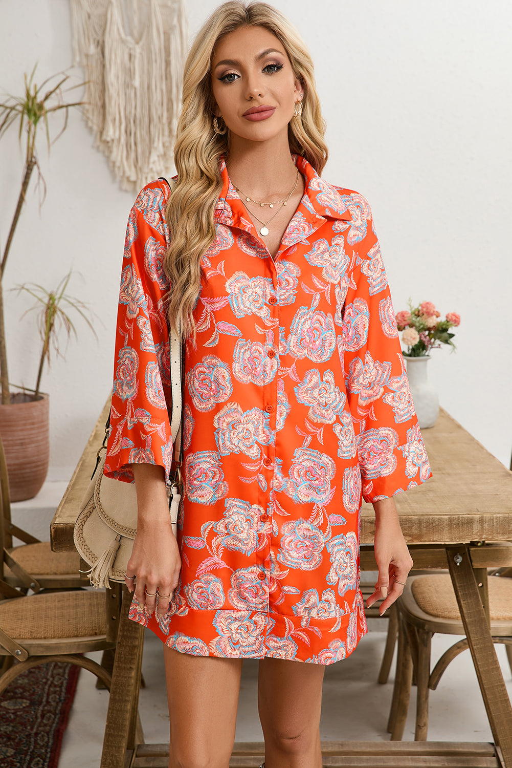 Red Floral Print Lapel Collar Loose Shirt Mini Dress - MAD RUFFI