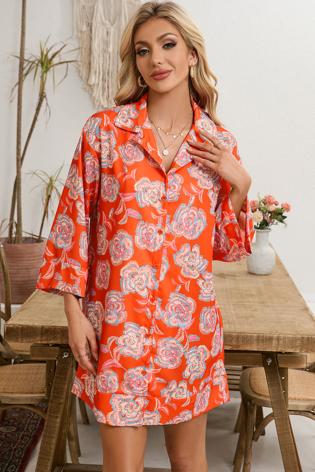 Red Floral Print Lapel Collar Loose Shirt Mini Dress - MAD RUFFI