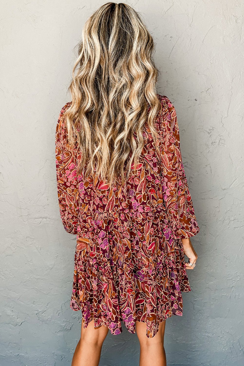 Red Floral Print Long Sleeve Shirred High Neck Loose Mini Dress - MAD RUFFI