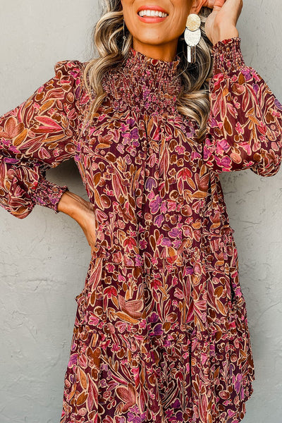 long sleeve shirred mini dress Red Floral Print Long Sleeve Shirred High Neck Loose Mini Dress