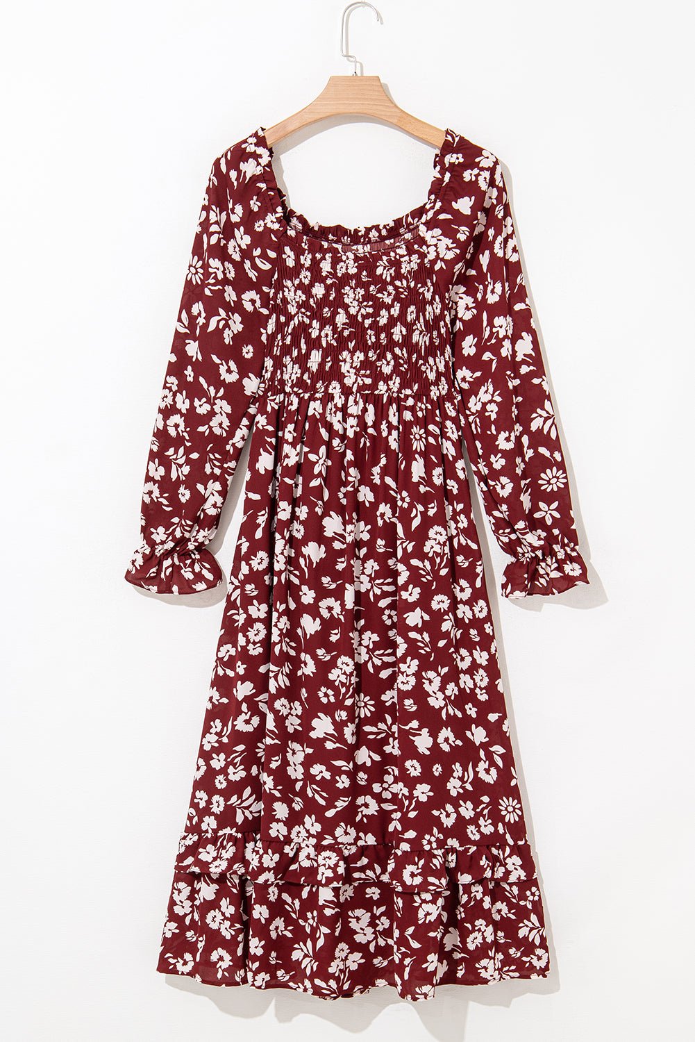 Red Floral Print Long Sleeve Square Neck Smocked Maxi Dress - MAD RUFFI