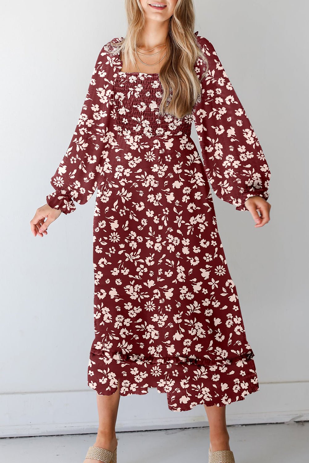 Red Floral Print Long Sleeve Square Neck Smocked Maxi Dress - MAD RUFFI