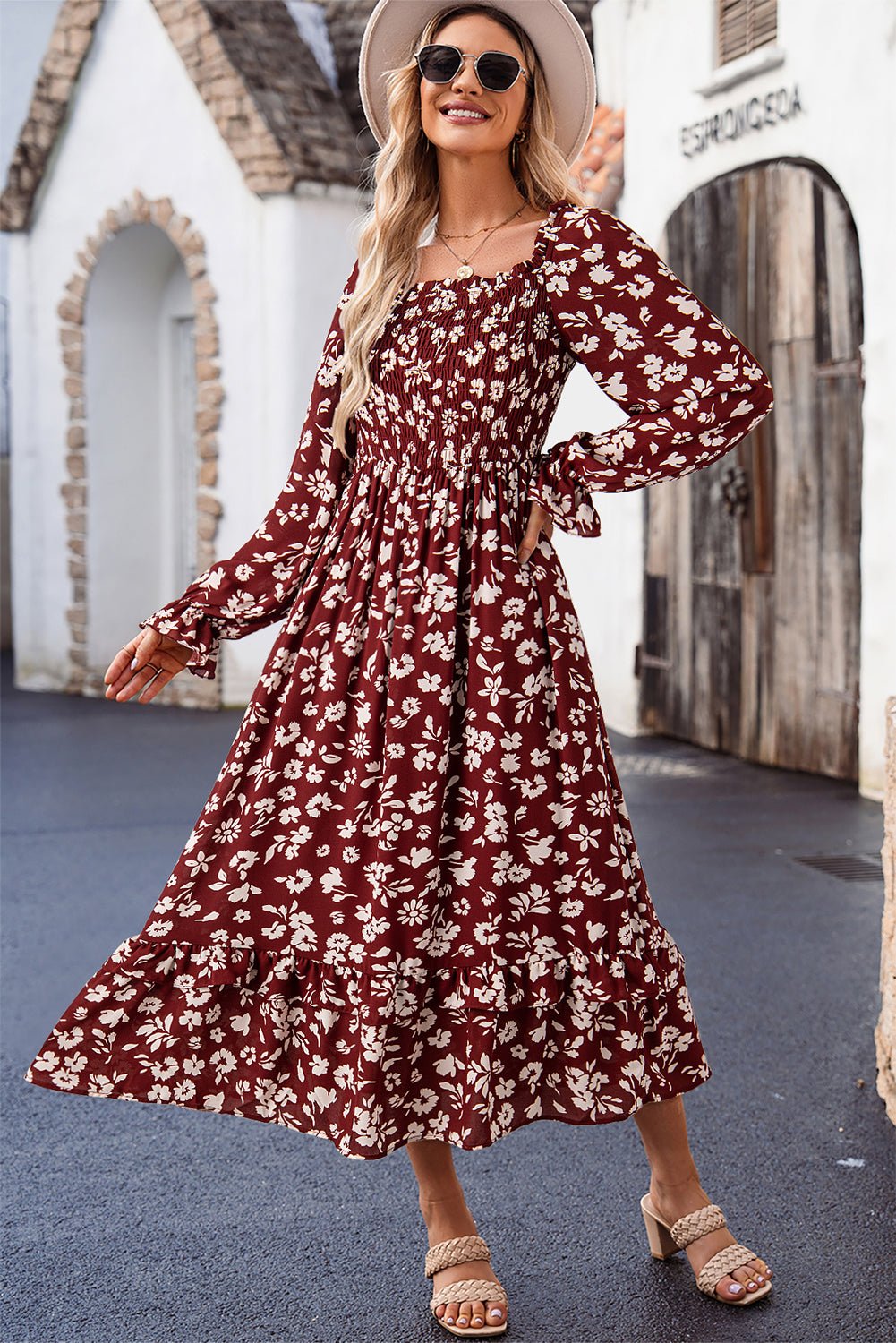 Red Floral Print Long Sleeve Square Neck Smocked Maxi Dress - MAD RUFFI