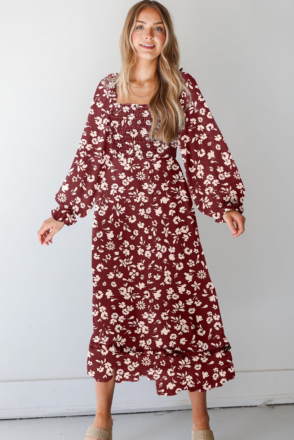 Red Floral Print Long Sleeve Square Neck Smocked Maxi Dress - MAD RUFFI