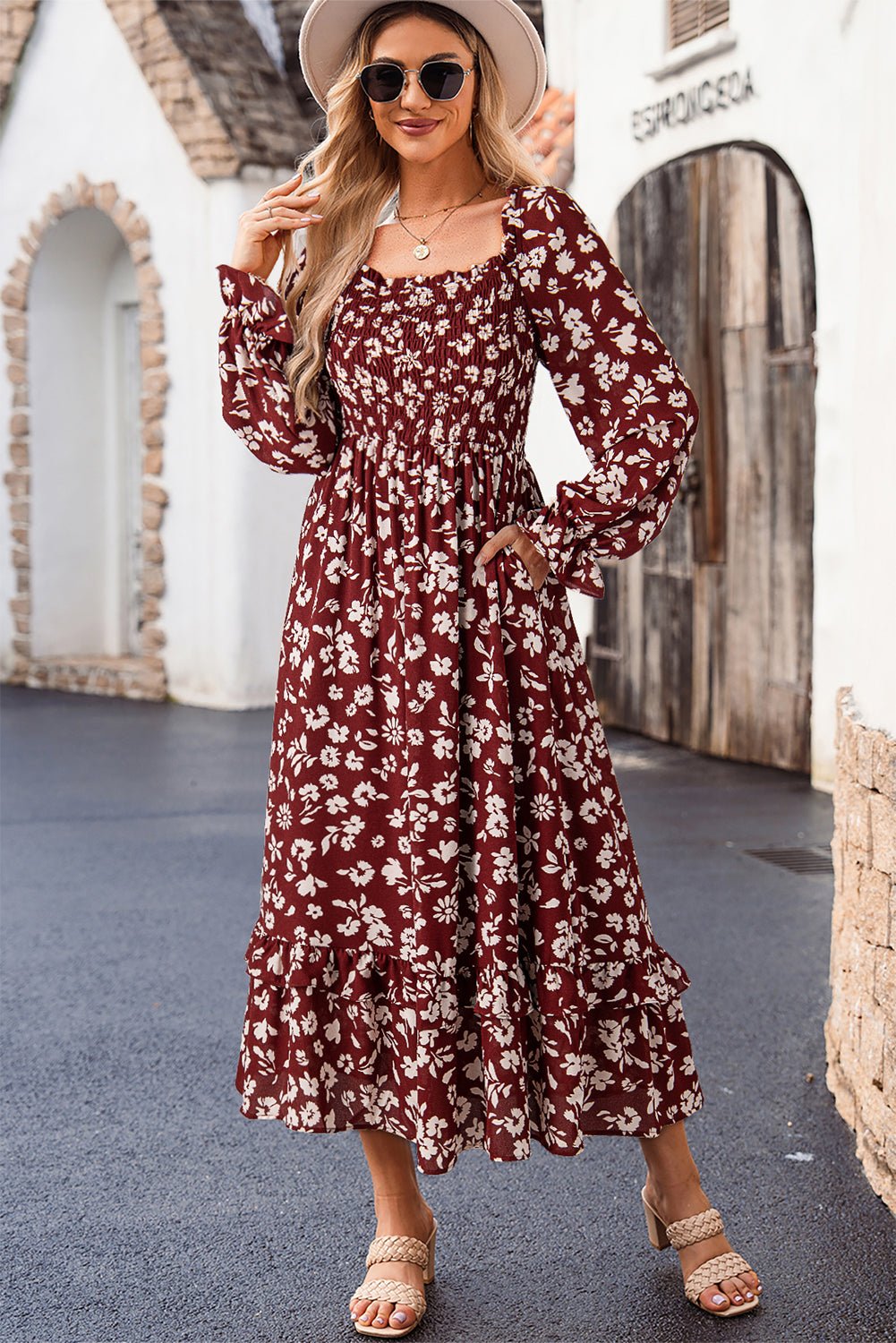 Red Floral Print Long Sleeve Square Neck Smocked Maxi Dress - MAD RUFFI