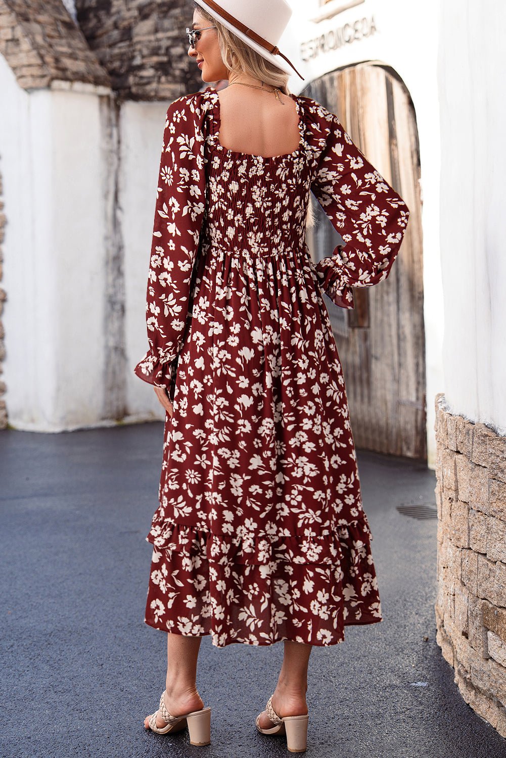 Red Floral Print Long Sleeve Square Neck Smocked Maxi Dress - MAD RUFFI
