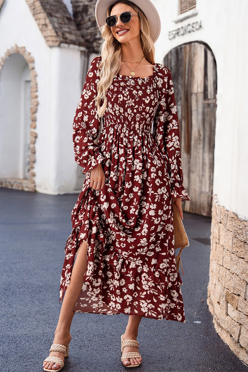 Red Floral Print Long Sleeve Square Neck Smocked Maxi Dress - MAD RUFFI