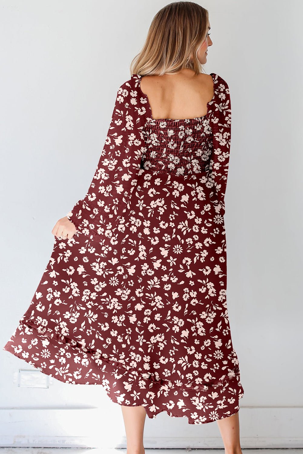 Red Floral Print Long Sleeve Square Neck Smocked Maxi Dress - MAD RUFFI