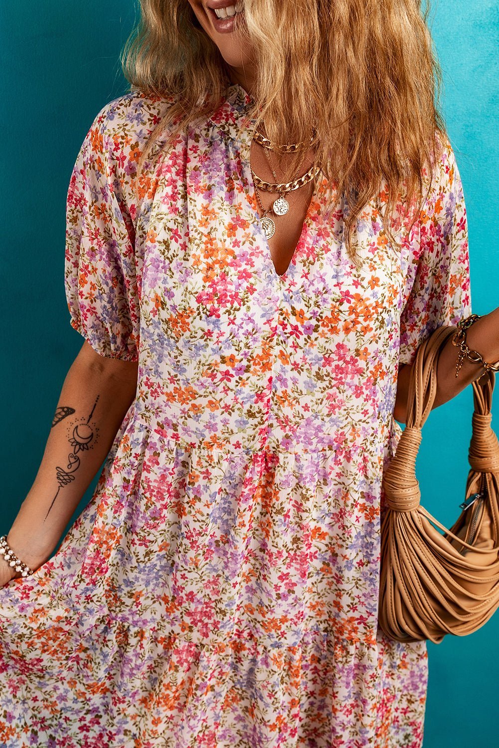 Red Floral Print Notched V Neck Puff Sleeve Tiered Mini Dress - MAD RUFFI