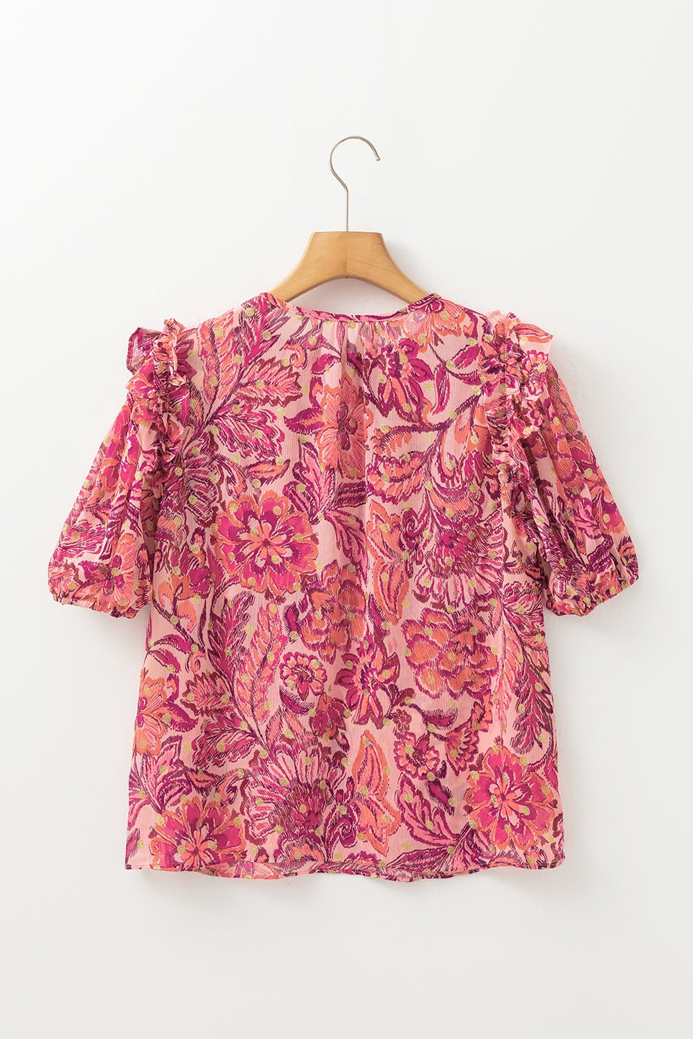Red Floral Print Ruffle Puff Short Sleeve Blouse - MAD RUFFI