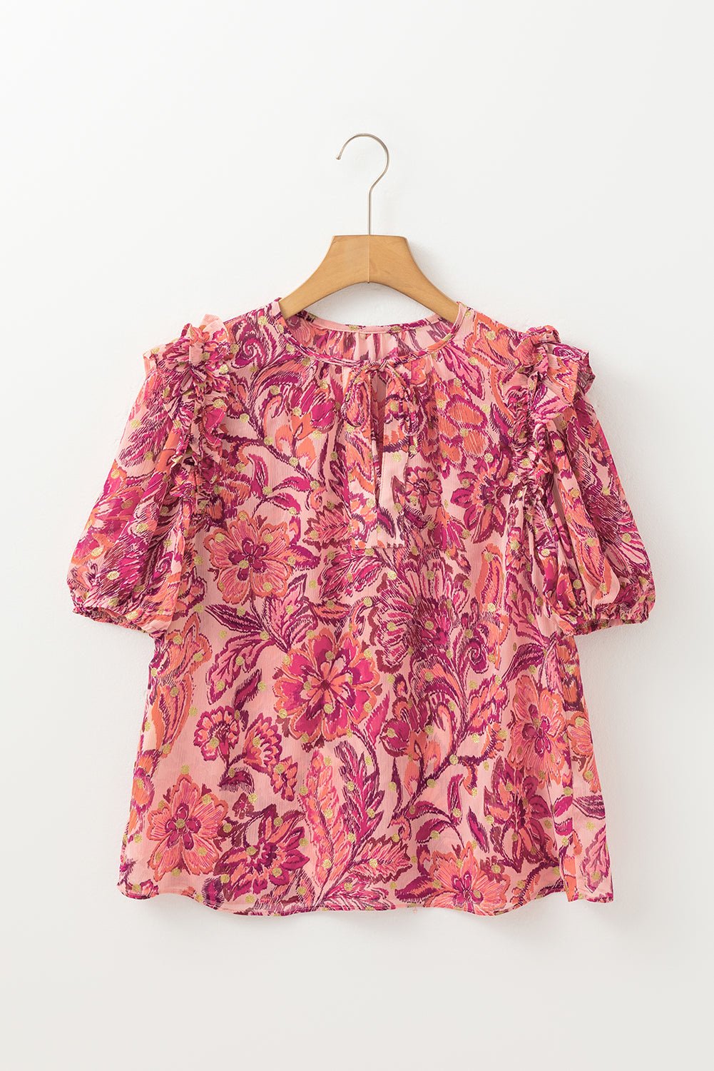 Red Floral Print Ruffle Puff Short Sleeve Blouse - MAD RUFFI
