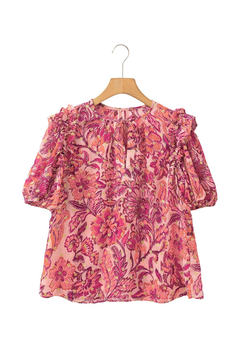 Red Floral Print Ruffle Puff Short Sleeve Blouse - MAD RUFFI