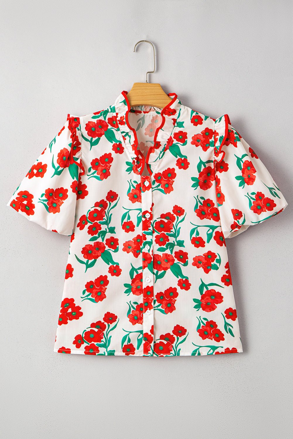 Red Floral Print Ruffle Puff Sleeve Summer Shirt - MAD RUFFI