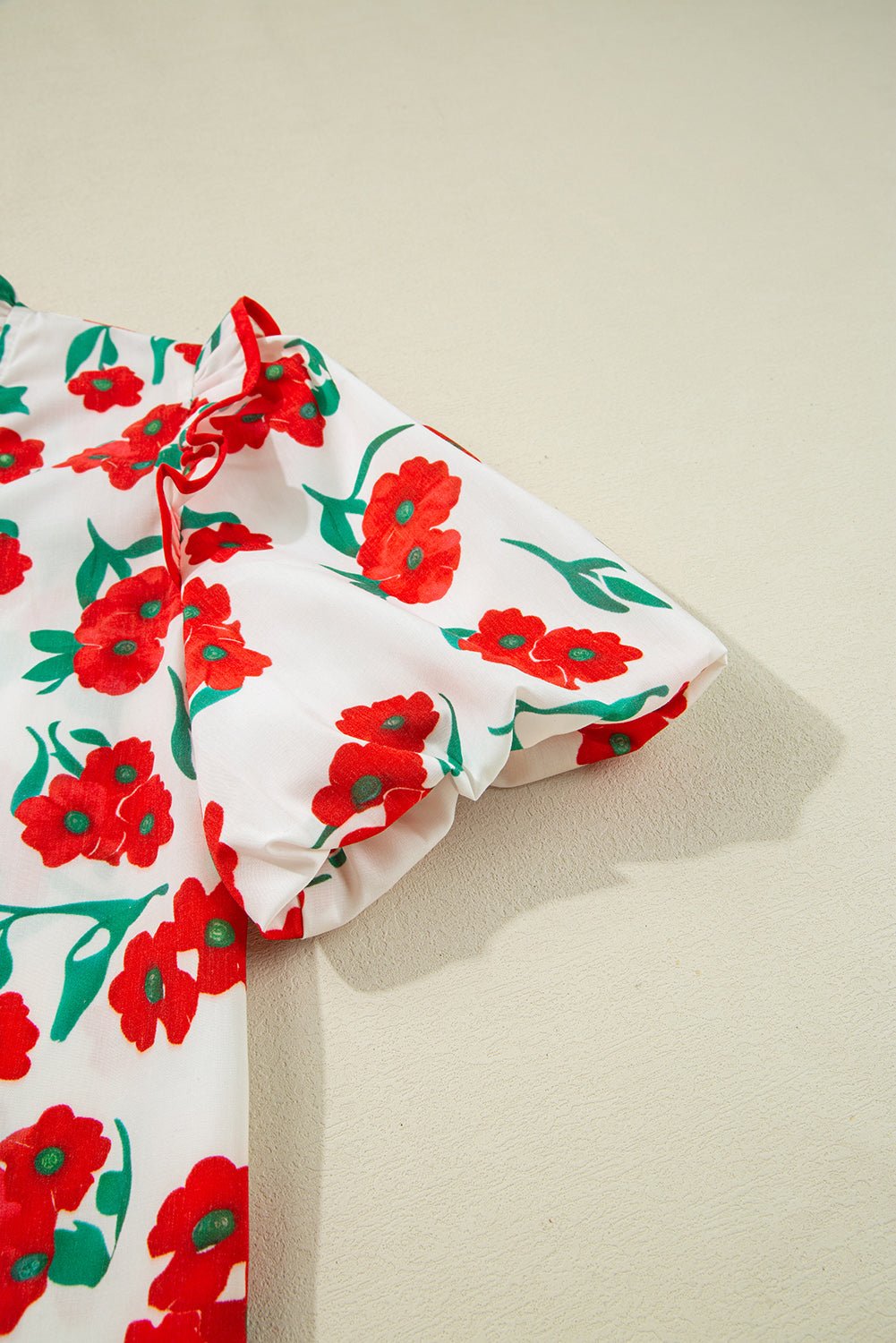 Red Floral Print Ruffle Puff Sleeve Summer Shirt - MAD RUFFI