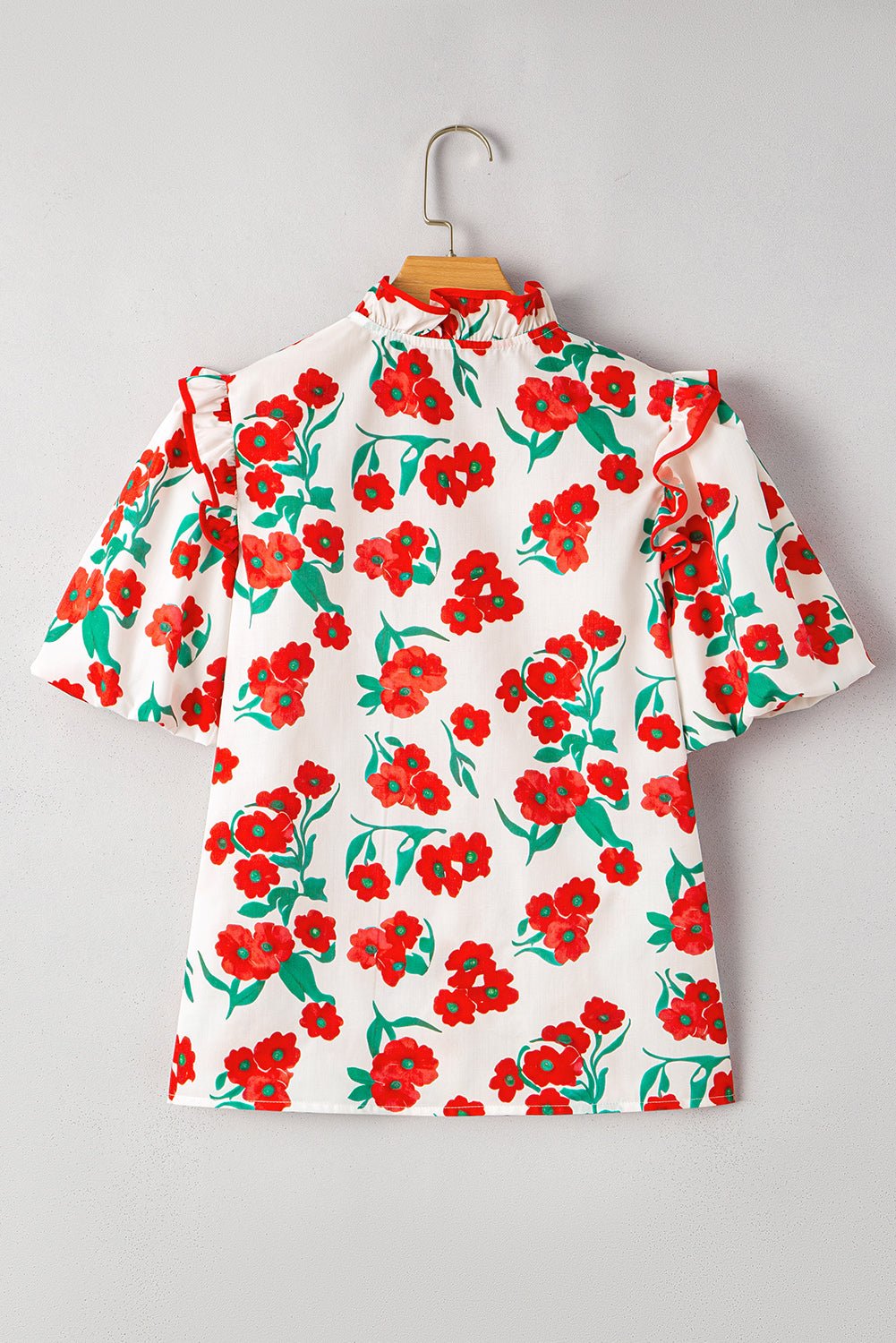Red Floral Print Ruffle Puff Sleeve Summer Shirt - MAD RUFFI