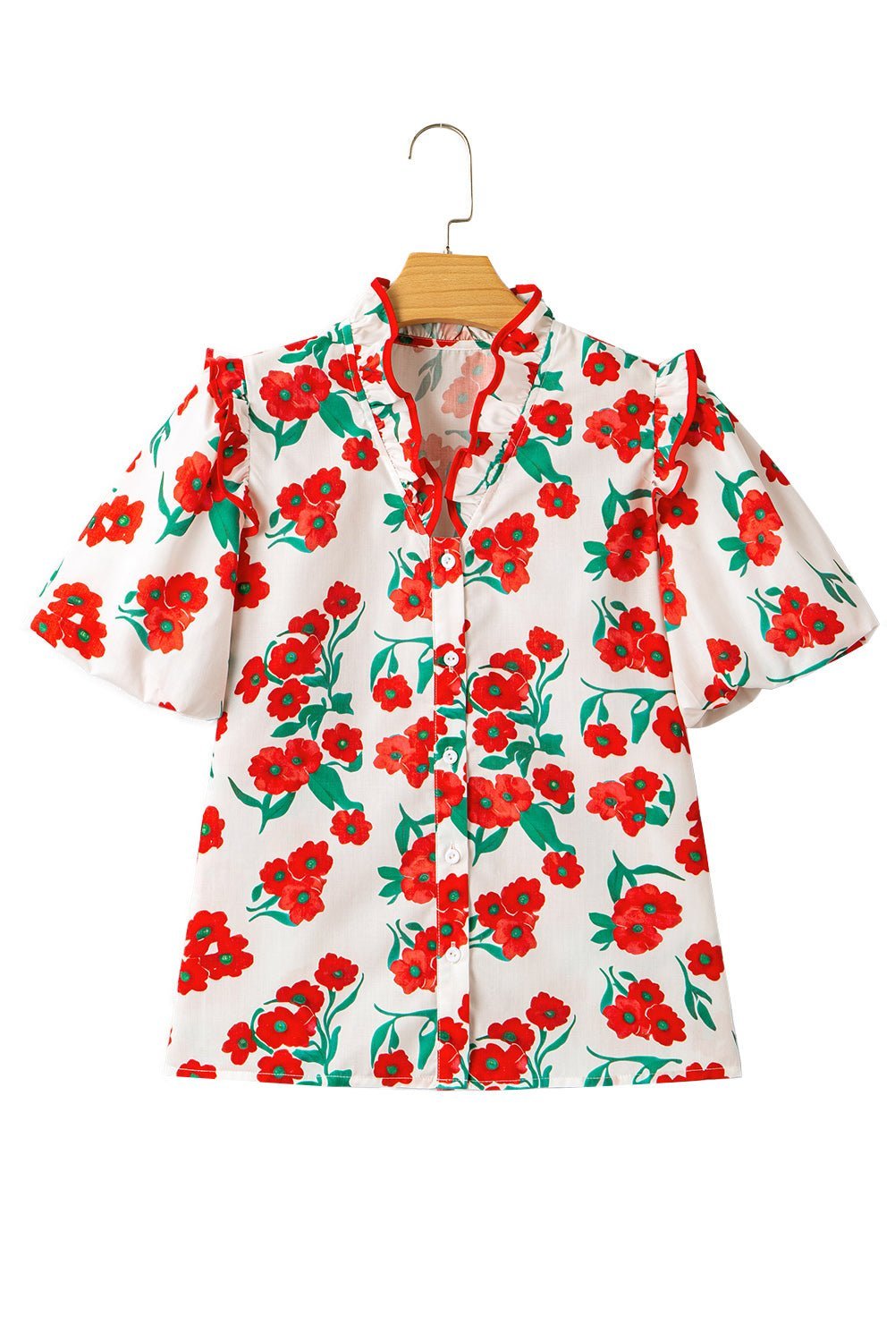 Red Floral Print Ruffle Puff Sleeve Summer Shirt - MAD RUFFI