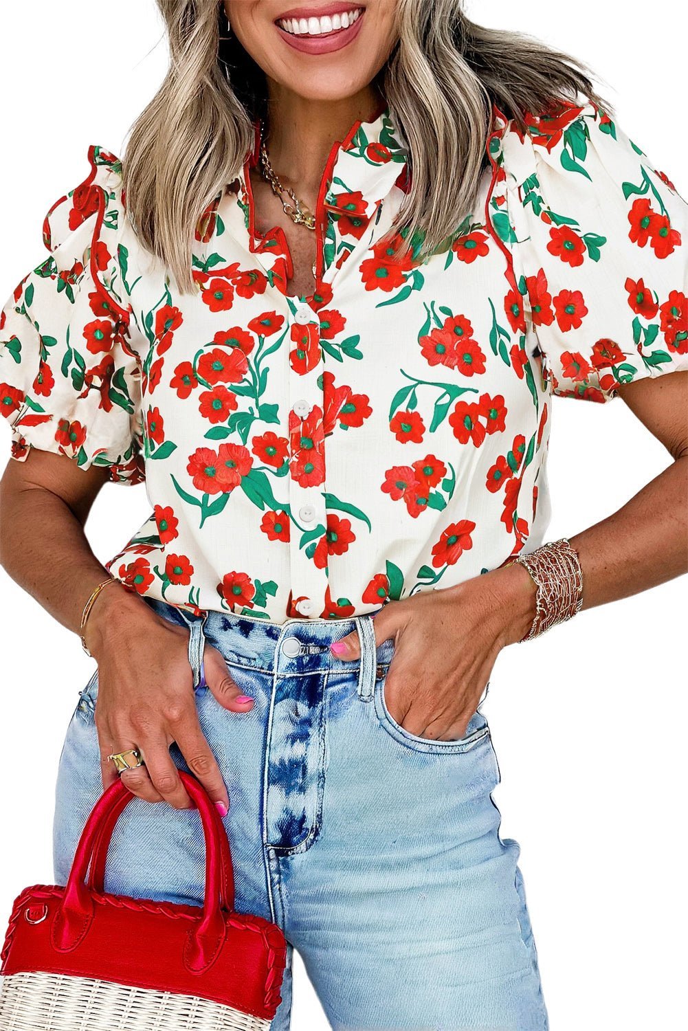 Red Floral Print Ruffle Puff Sleeve Summer Shirt - MAD RUFFI