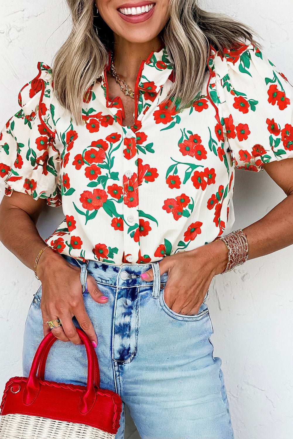Red Floral Print Ruffle Puff Sleeve Summer Shirt - MAD RUFFI