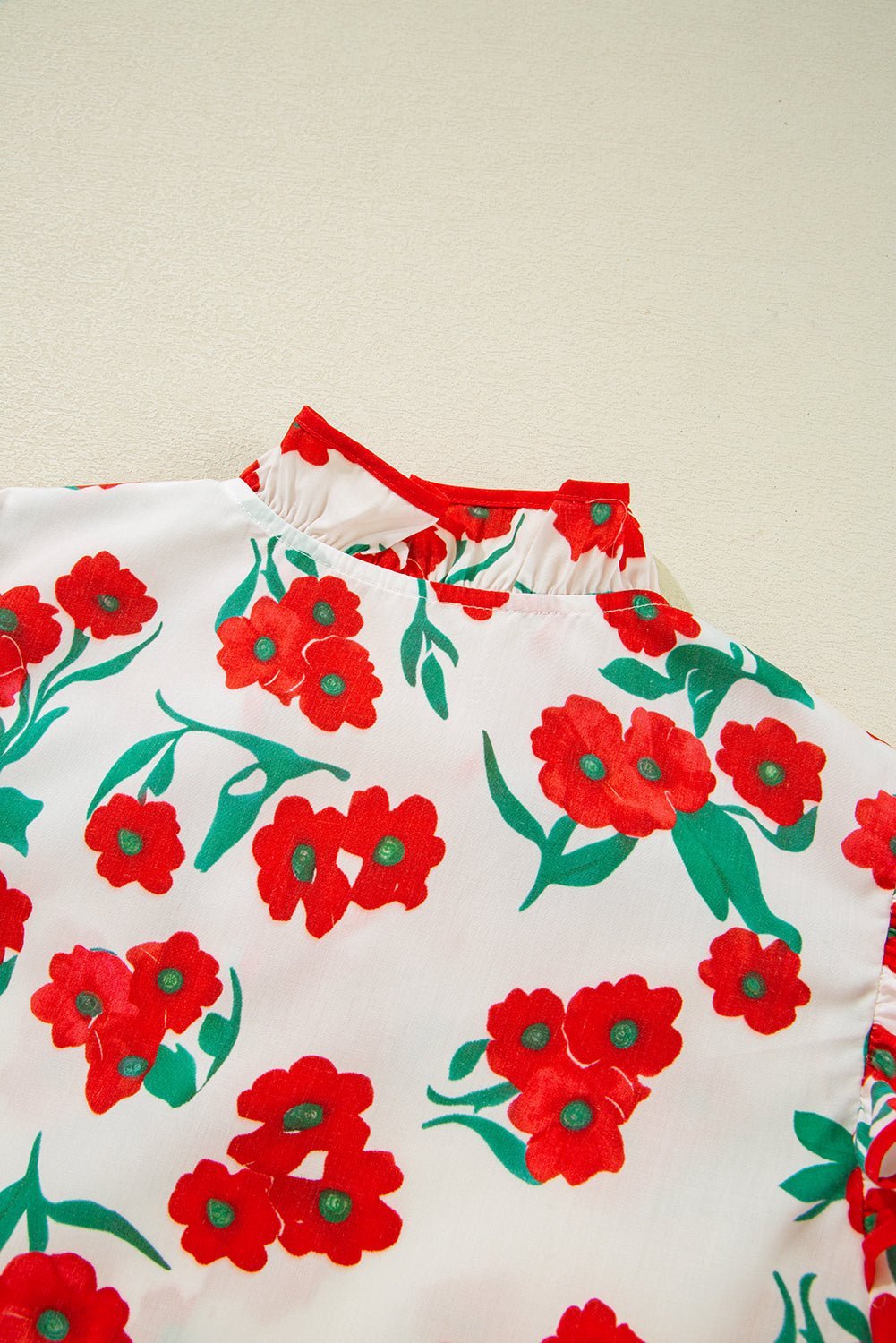 Red Floral Print Ruffle Puff Sleeve Summer Shirt - MAD RUFFI