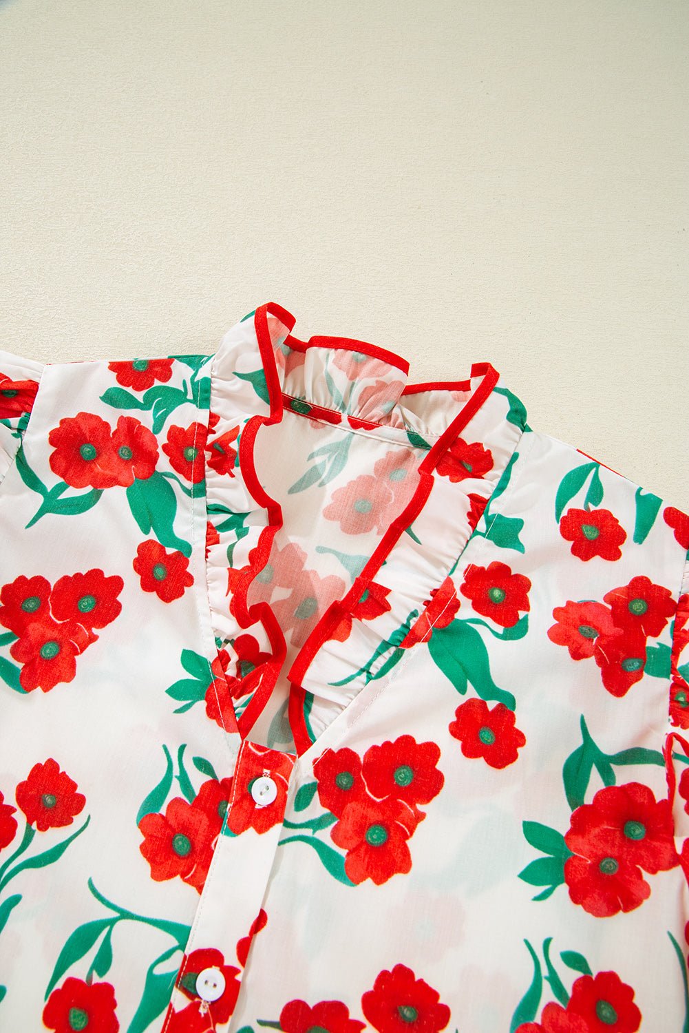 Red Floral Print Ruffle Puff Sleeve Summer Shirt - MAD RUFFI