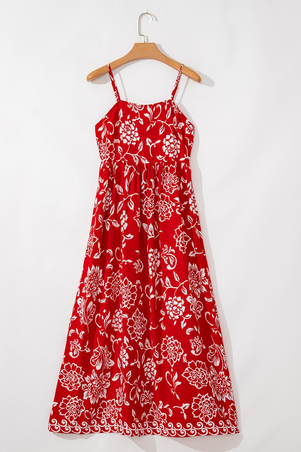 Red Floral Print Spaghetti Strap Empire Waist Maxi Dress - MAD RUFFI