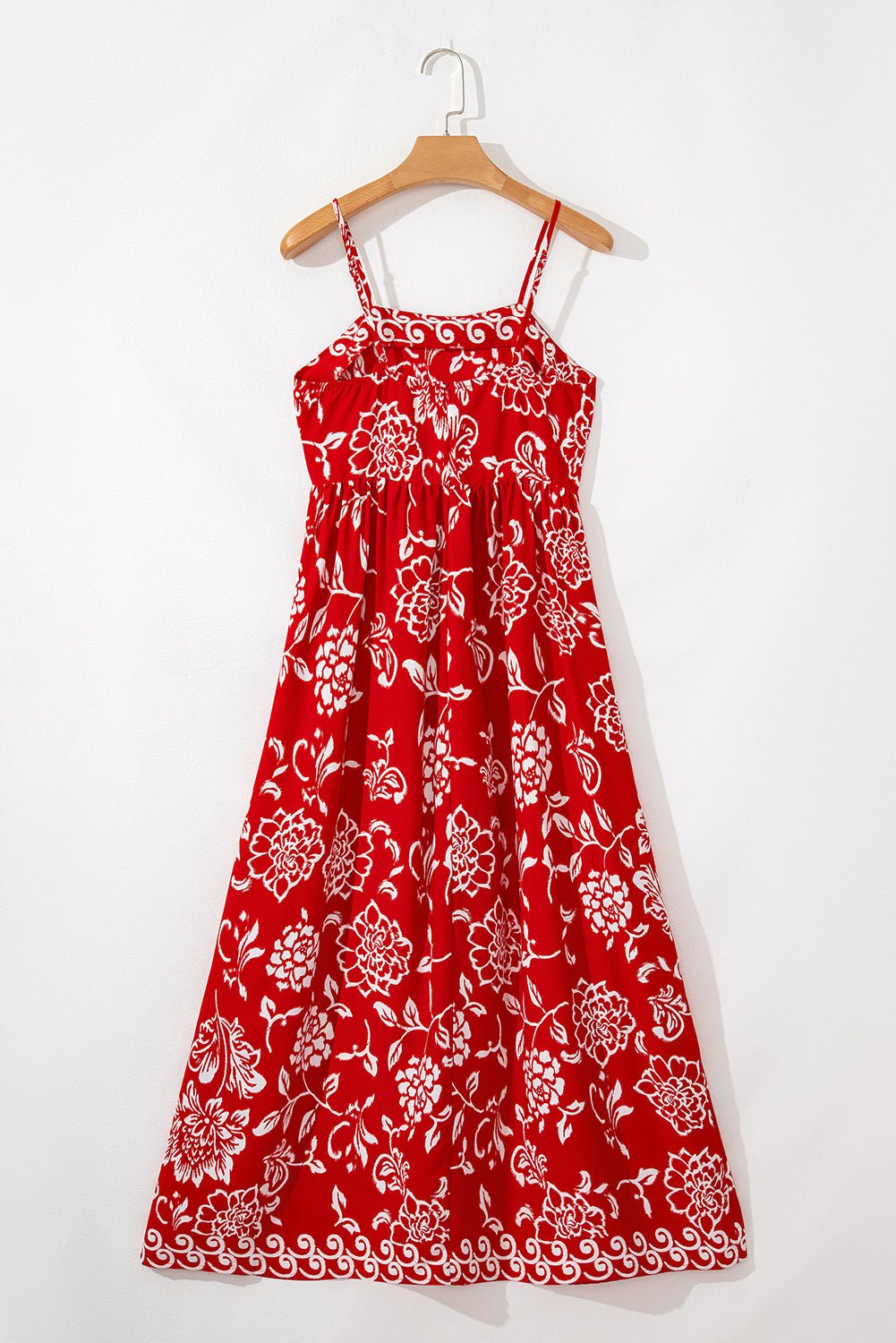Red Floral Print Spaghetti Strap Empire Waist Maxi Dress - MAD RUFFI