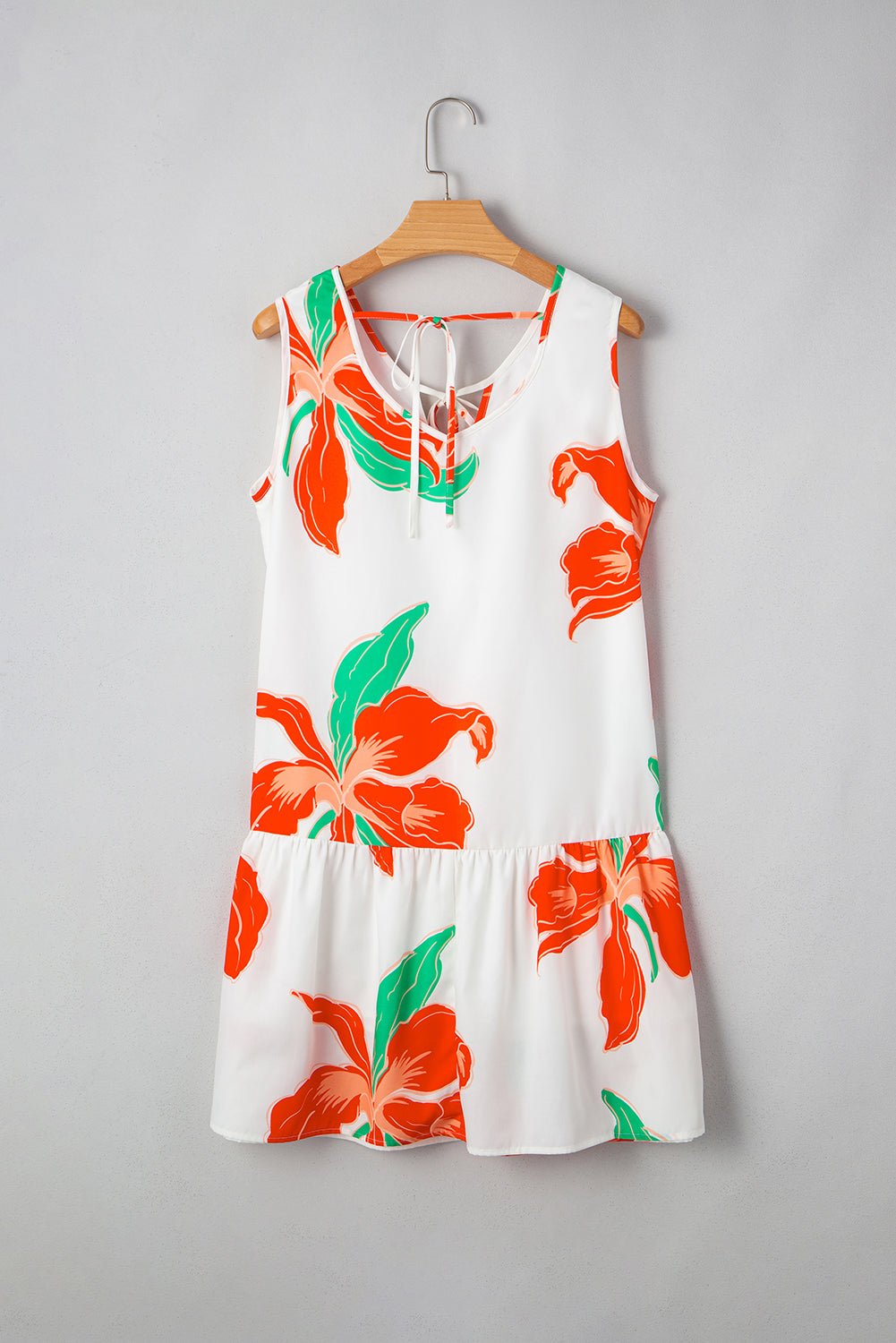 Red Floral Print Tie Front Ruffle Hem Mini Dress - MAD RUFFI