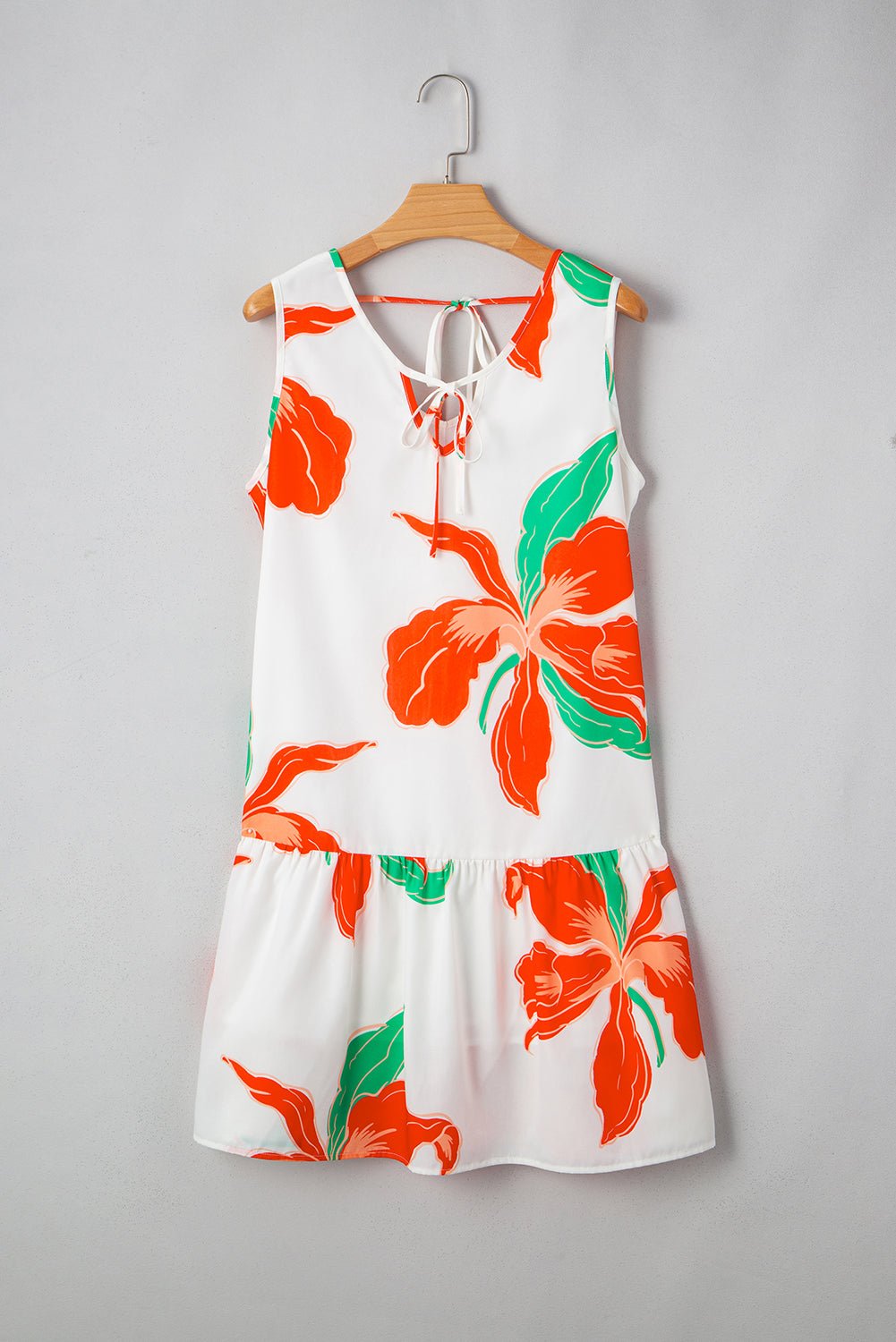 Red Floral Print Tie Front Ruffle Hem Mini Dress - MAD RUFFI