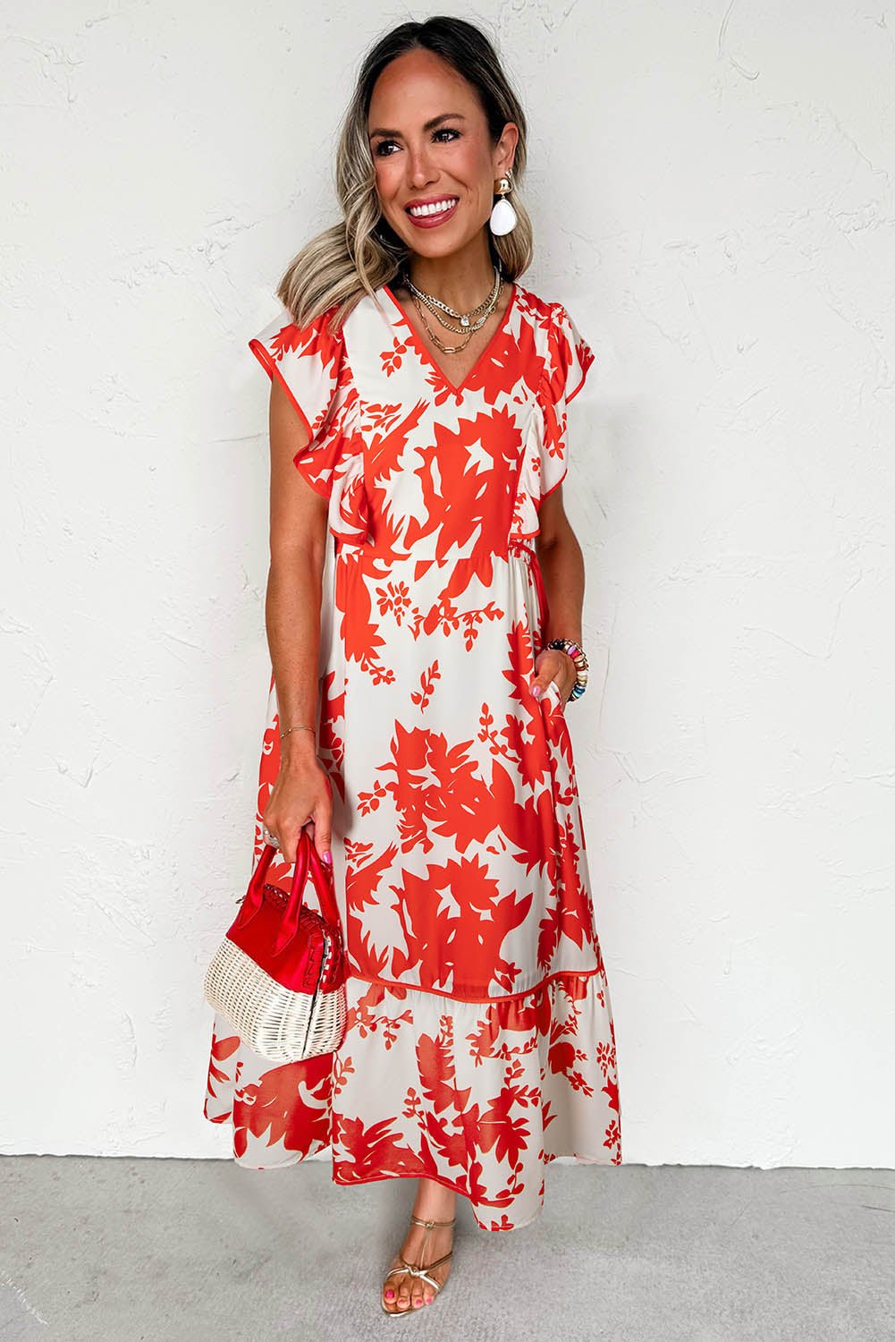Red Floral Print Trimmed V Neck Ruffle Sleeve Maxi Dress - MAD RUFFI