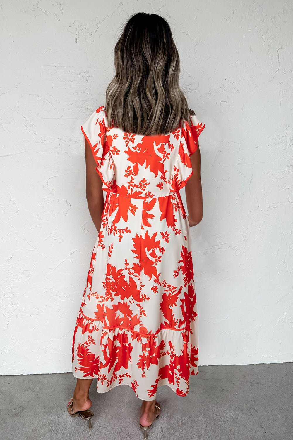 Red Floral Print Trimmed V Neck Ruffle Sleeve Maxi Dress - MAD RUFFI