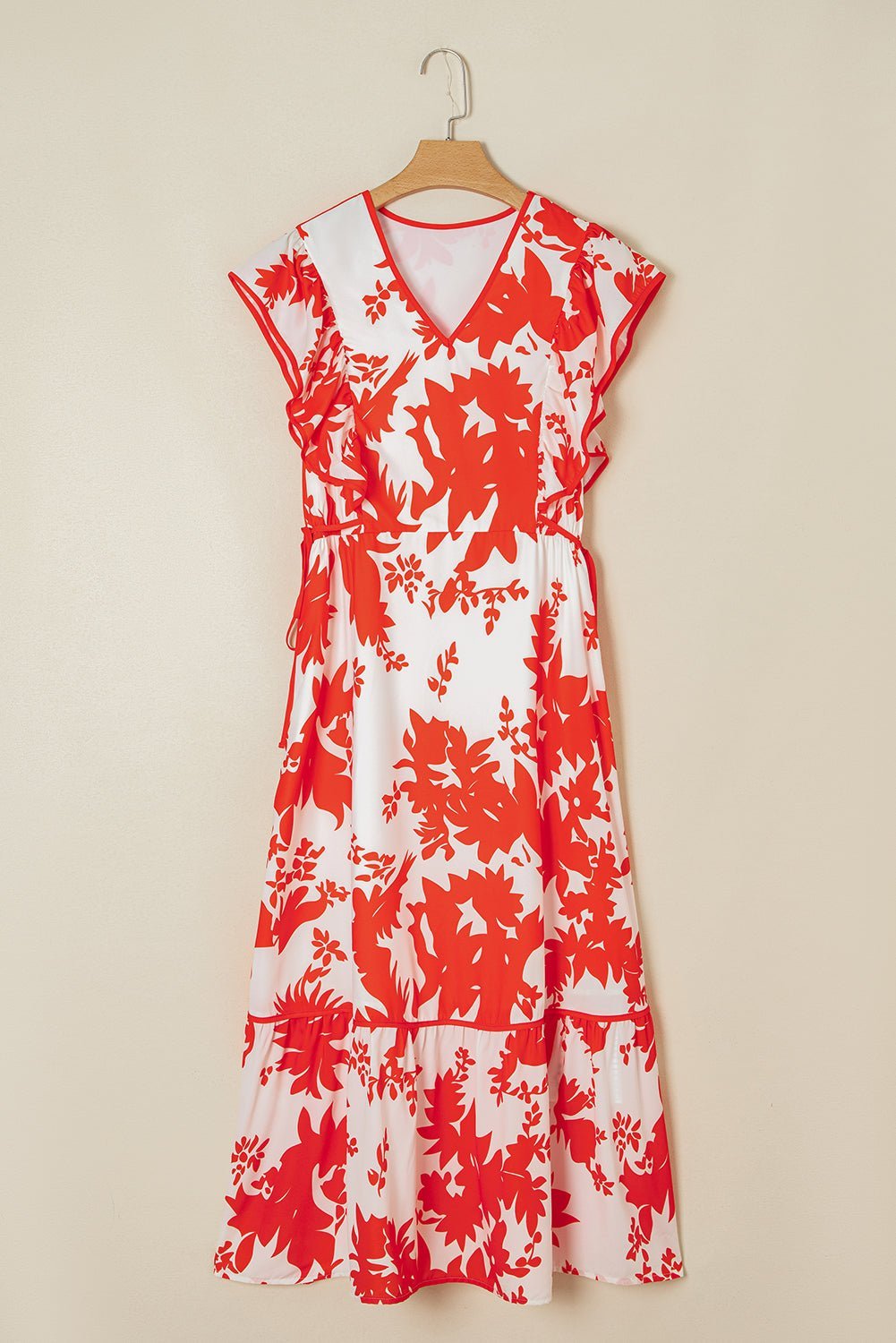Red Floral Print Trimmed V Neck Ruffle Sleeve Maxi Dress - MAD RUFFI