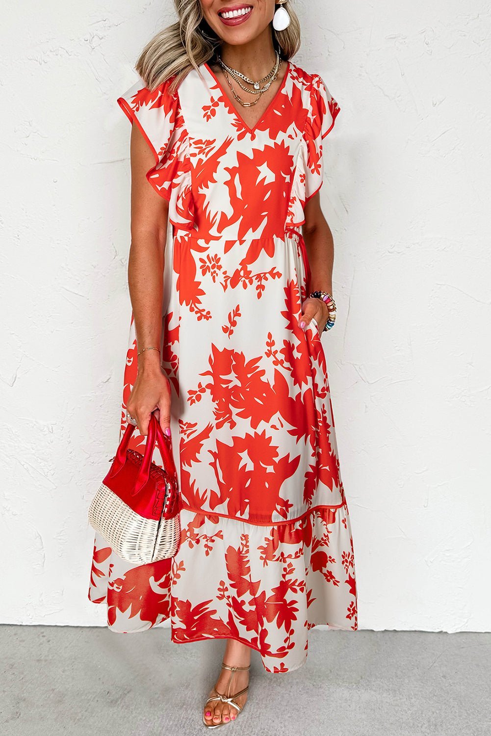 Red Floral Print Trimmed V Neck Ruffle Sleeve Maxi Dress - MAD RUFFI