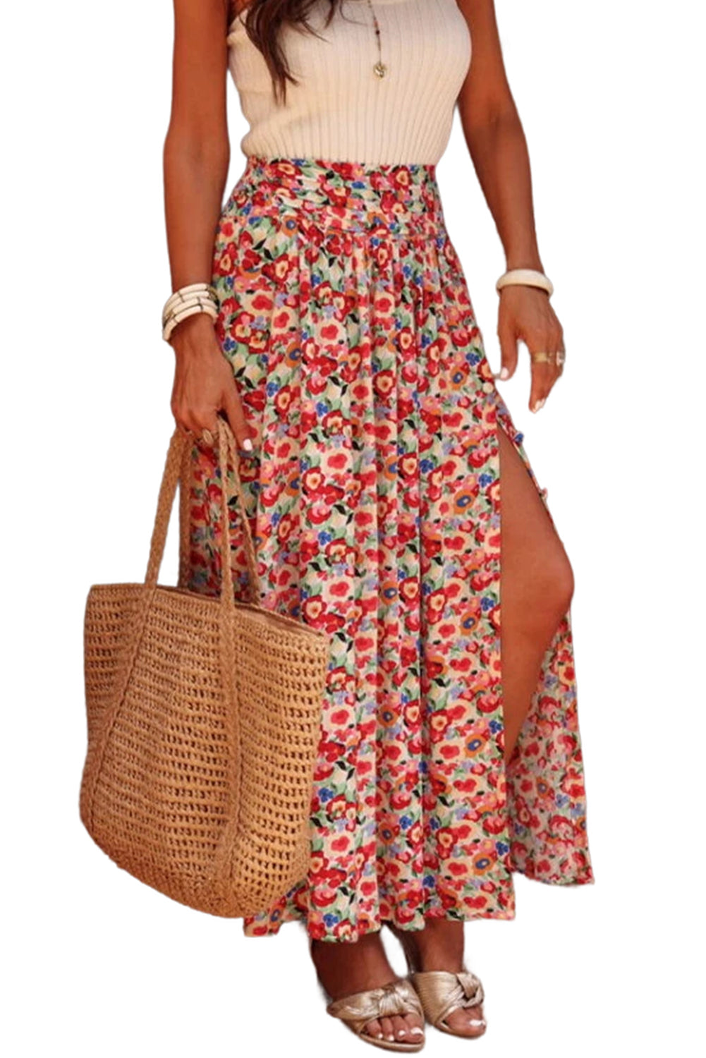 Red Floral Print Wide Waistband Side Slit Maxi Skirt - MAD RUFFI