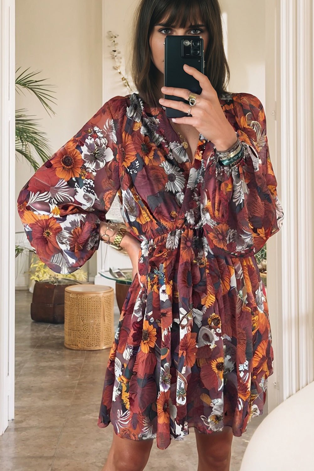 Red Floral Print Wrap V Neck Puff Sleeve Flowy Mini Dress - MAD RUFFI