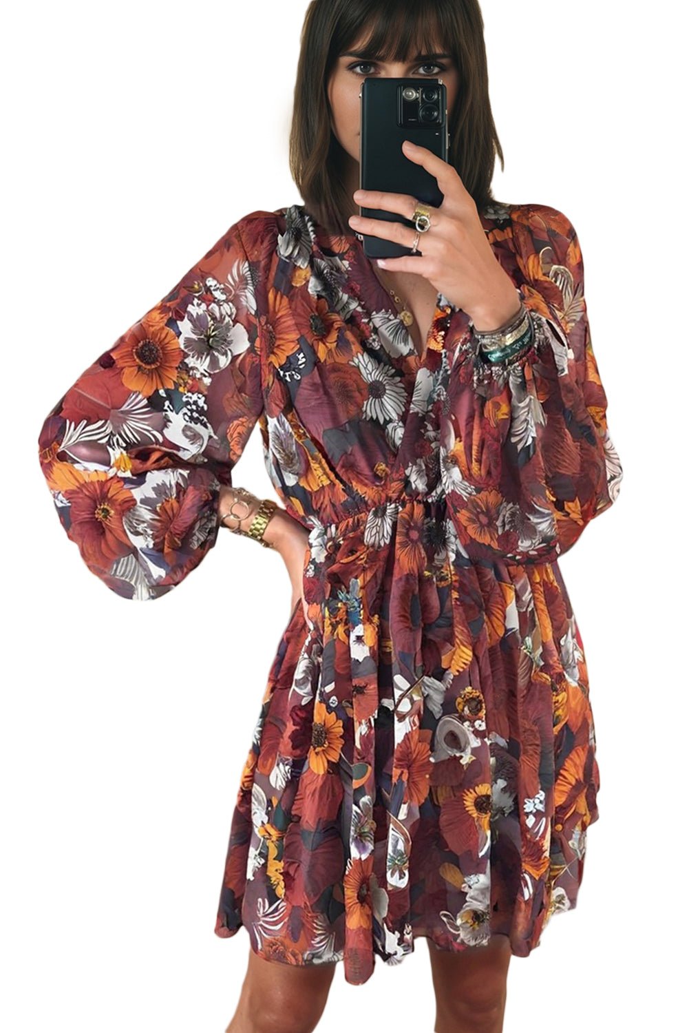 Red Floral Print Wrap V Neck Puff Sleeve Flowy Mini Dress - MAD RUFFI