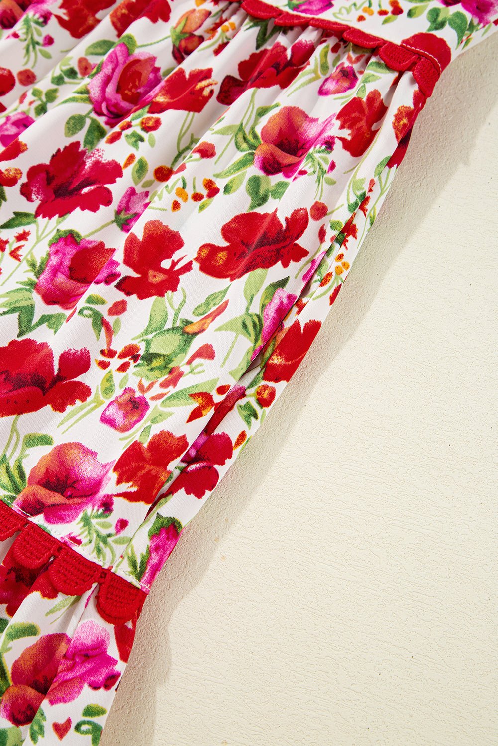 Red Floral Puff Sleeve Tiered Ric Rac Pocketed Mini Dress - MAD RUFFI