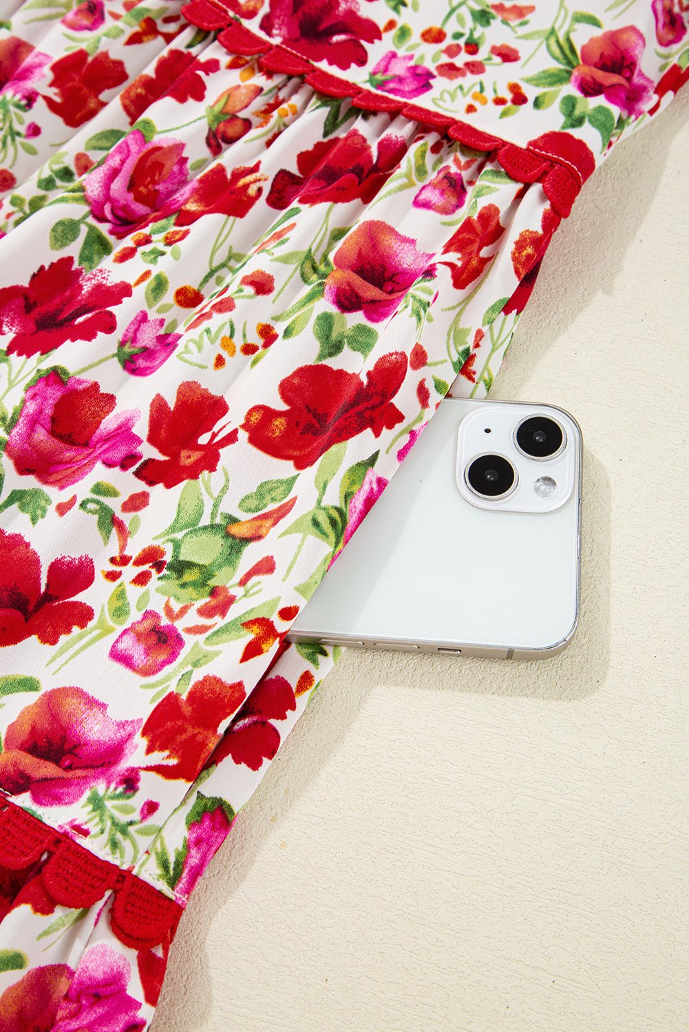 Red Floral Puff Sleeve Tiered Ric Rac Pocketed Mini Dress - MAD RUFFI