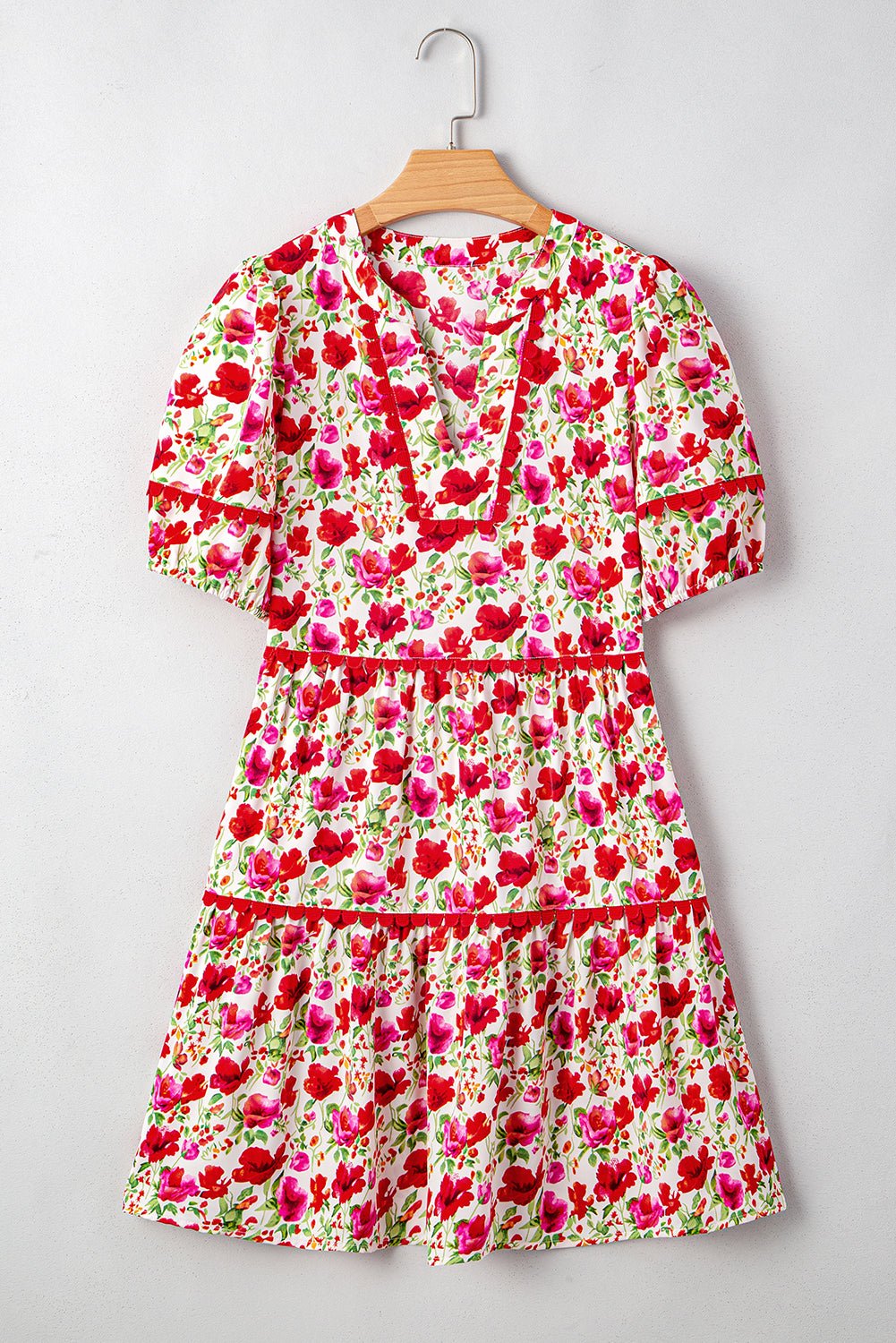 Red Floral Puff Sleeve Tiered Ric Rac Pocketed Mini Dress - MAD RUFFI