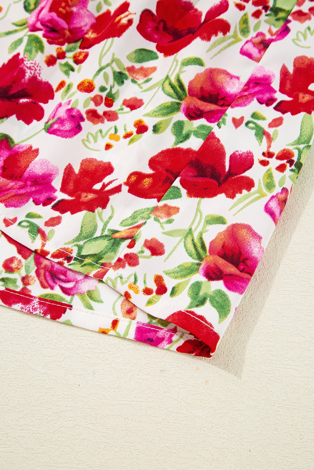 Red Floral Puff Sleeve Tiered Ric Rac Pocketed Mini Dress - MAD RUFFI