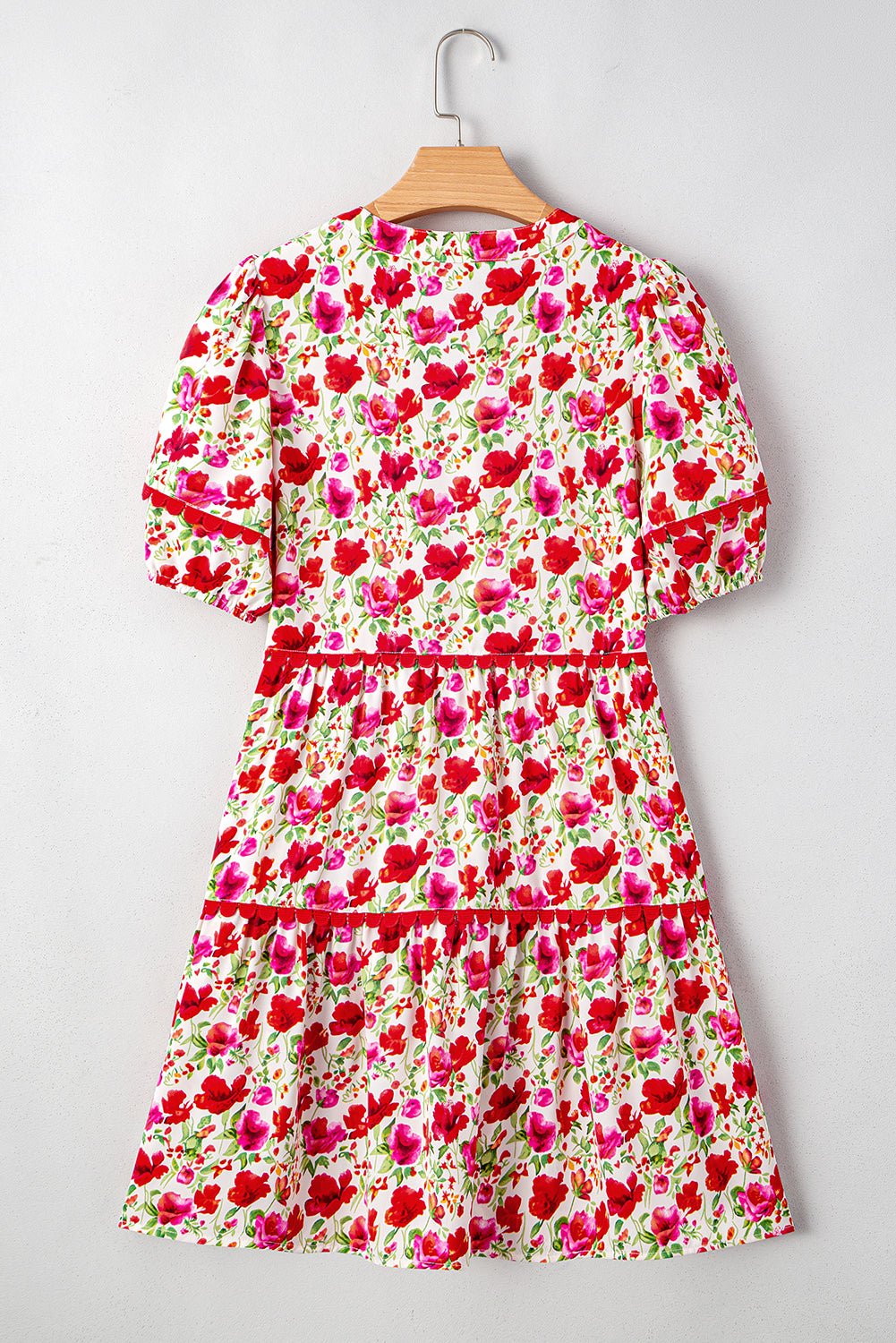 Red Floral Puff Sleeve Tiered Ric Rac Pocketed Mini Dress - MAD RUFFI