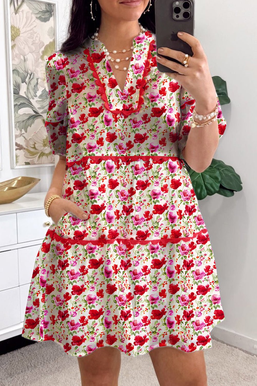 Red Floral Puff Sleeve Tiered Ric Rac Pocketed Mini Dress - MAD RUFFI