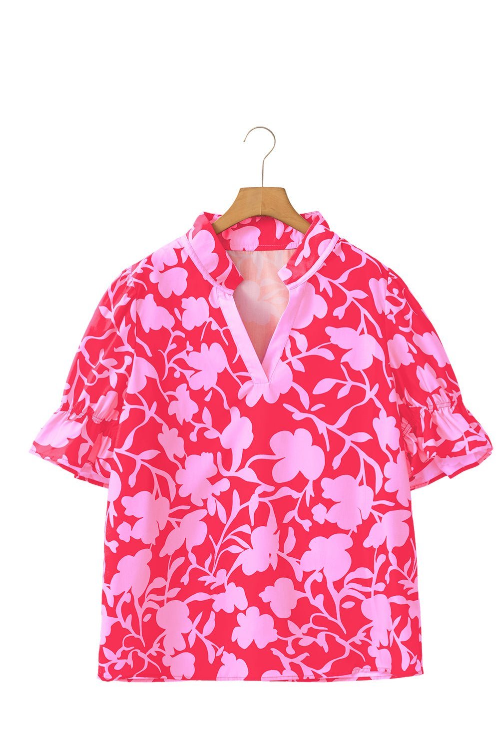 Red Floral Split V Neck Ruffle Puff Sleeve Blouse - MAD RUFFI