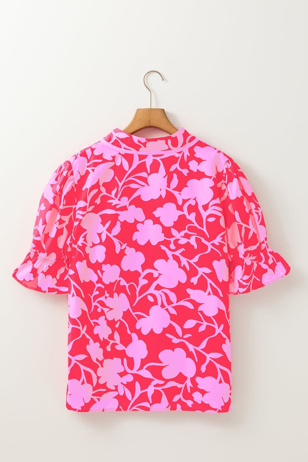 Red Floral Split V Neck Ruffle Puff Sleeve Blouse - MAD RUFFI