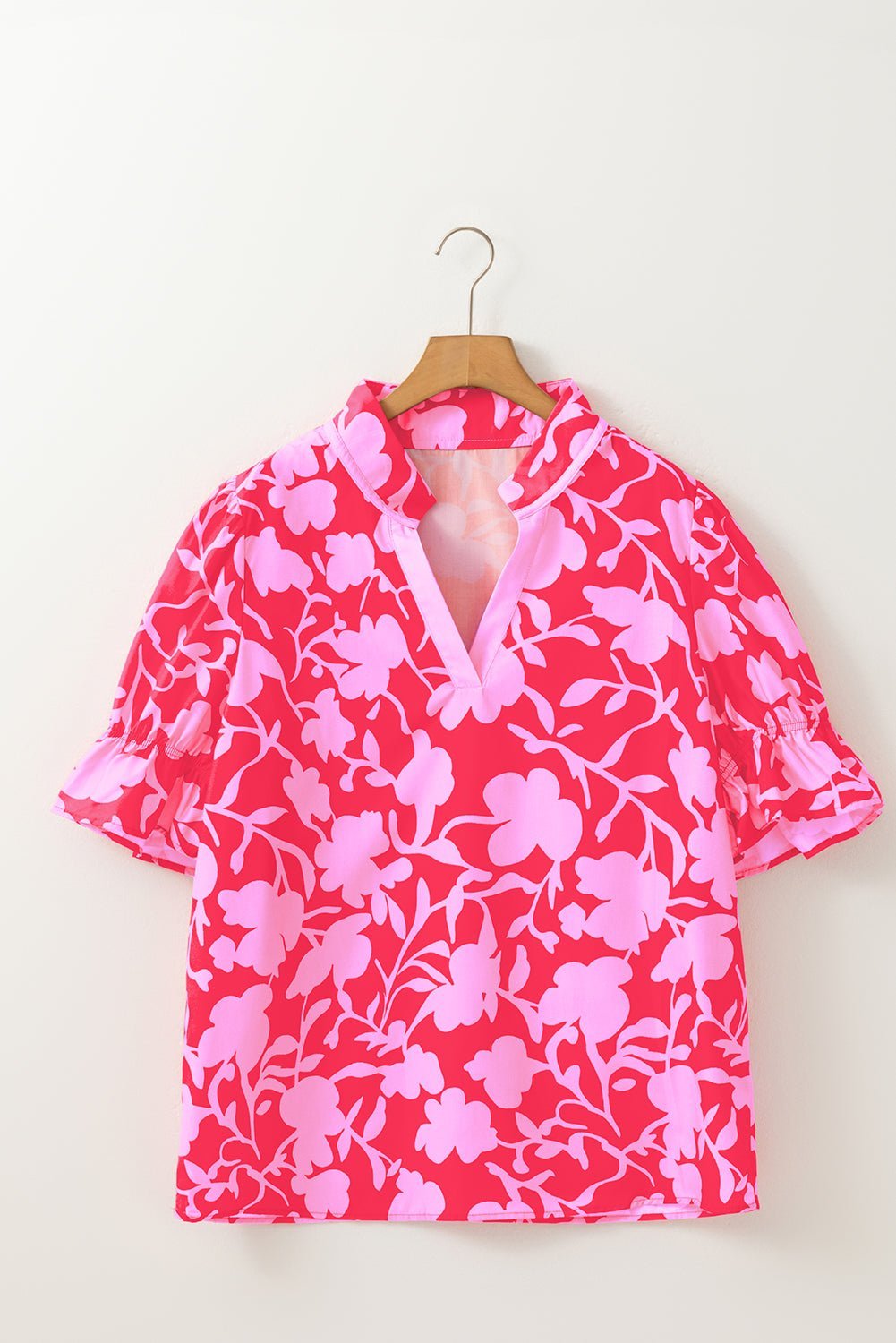 Red Floral Split V Neck Ruffle Puff Sleeve Blouse - MAD RUFFI