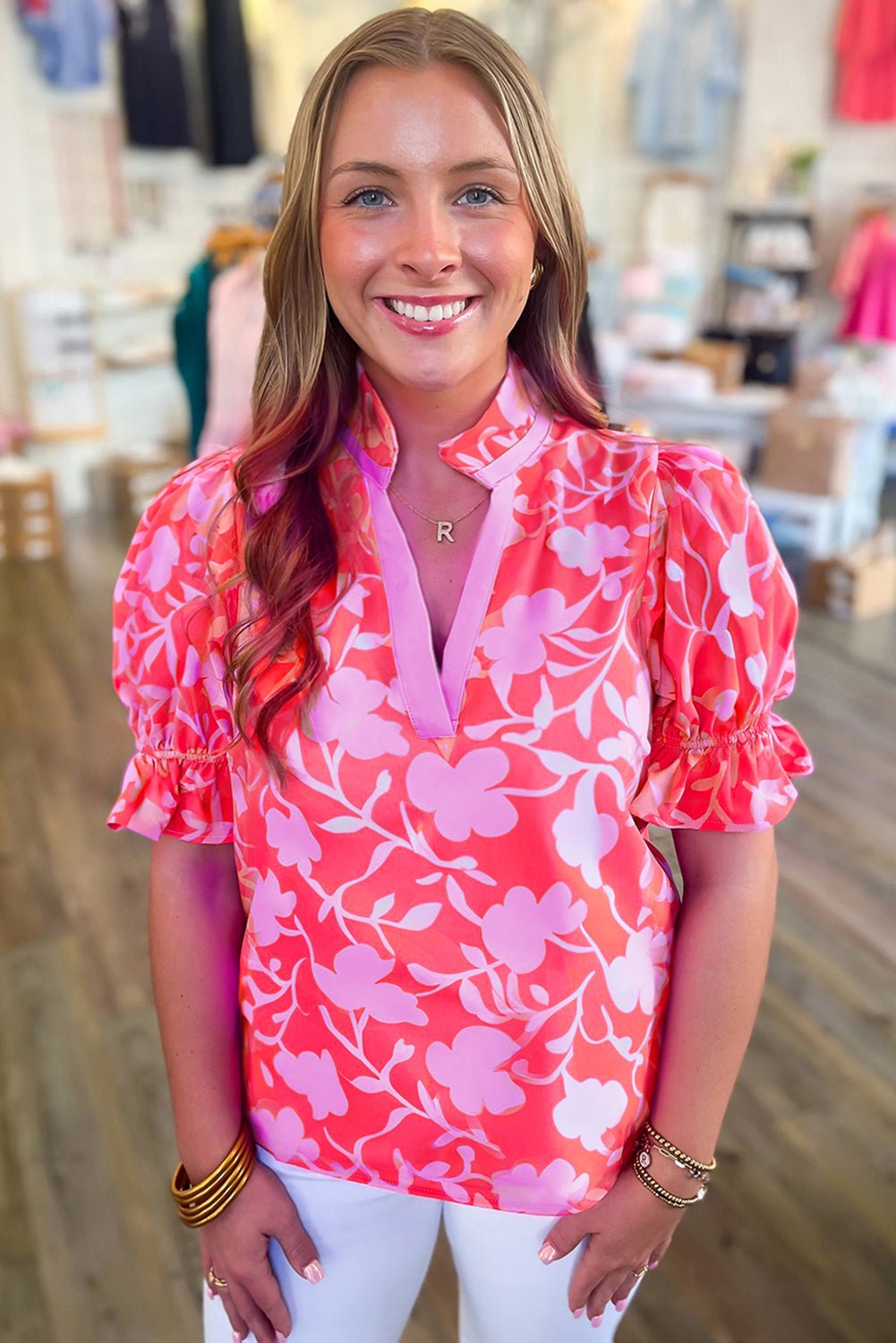 Red Floral Split V Neck Ruffle Puff Sleeve Blouse - MAD RUFFI