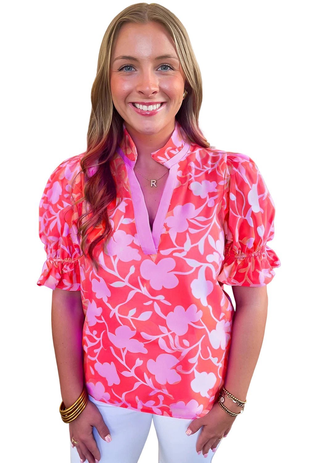 Red Floral Split V Neck Ruffle Puff Sleeve Blouse - MAD RUFFI